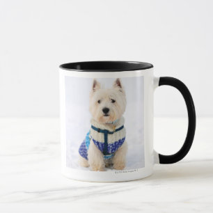 Mug Chien blanc dans des vêtements dans la neige