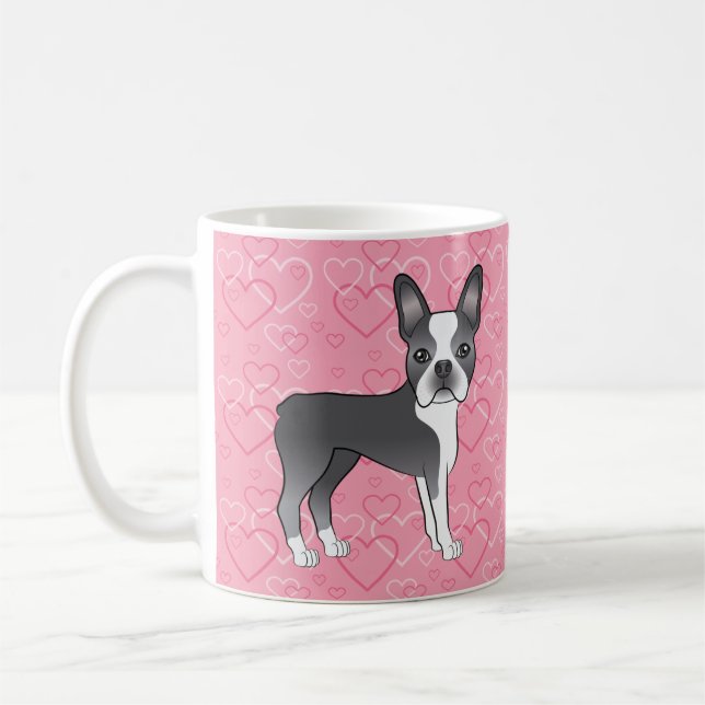 Mug Chien Boston Terrier bleu et blanc sur des cœurs r (Gauche)