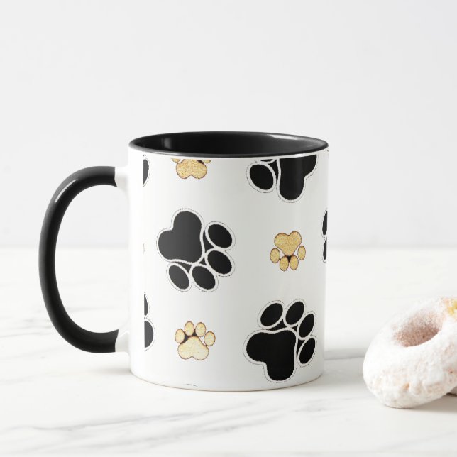 Mug Chien canin noir et tan empreinte de patte blanc (Avec donut)