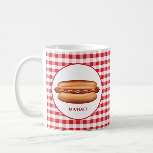 Mug Chien Chaud Sur Gingham Rouge Avec Texte Personnal (Gauche)