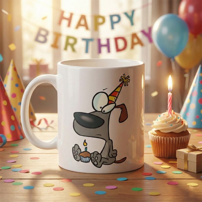 Mug Chien d'anniversaire triste dessin animé avec gâte (Créateur téléchargé)