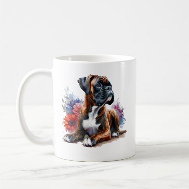 Mug Chien de boxe parmi les fleurs en aquarelle (Gauche)