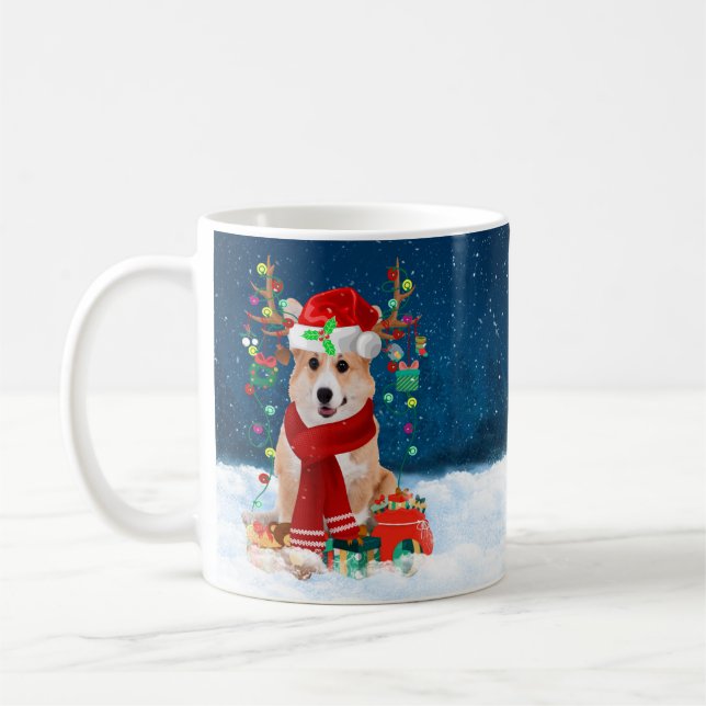 Mug Chien de Corgi en neige avec cadeaux de Noël (Gauche)
