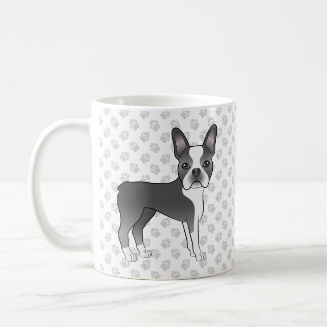Mug Chien de dessin animé Boston Terrier bleu et blanc (Gauche)
