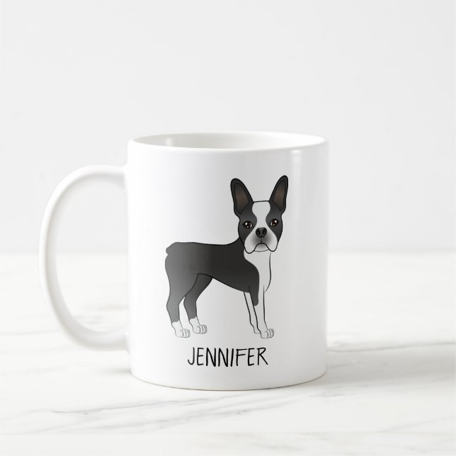 Mug Chien de dessin animé Boston Terrier noir et blanc (Gauche)