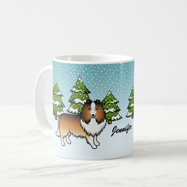 Mug Chien de dessin animé Sable Sheltie en hiver & nom (Devant gauche)