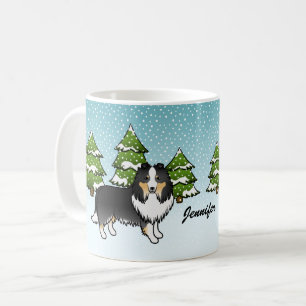 Mug Chien de dessin animé Sheltie tricolore en hiver &