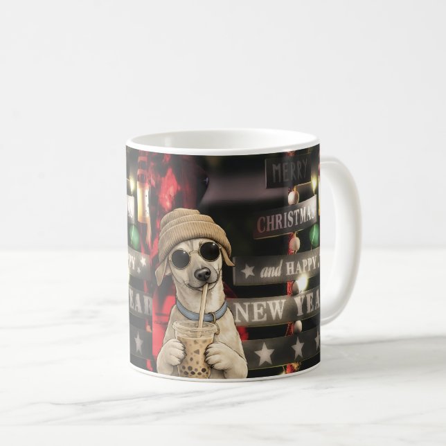 Mug Chien de Noël drôle buvant du thé aux bulles (Devant droit)