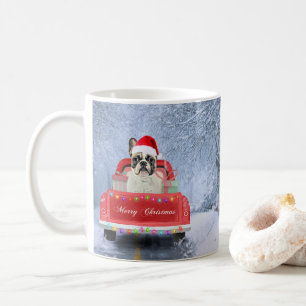Mug Chien de taureau français en neige assis à Noël
