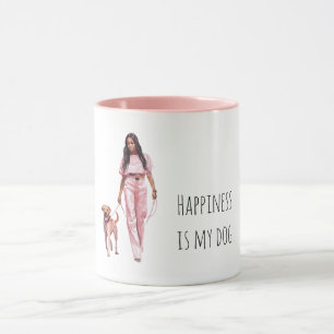 Mug Chien gris noir avec une dame noire promenant le c