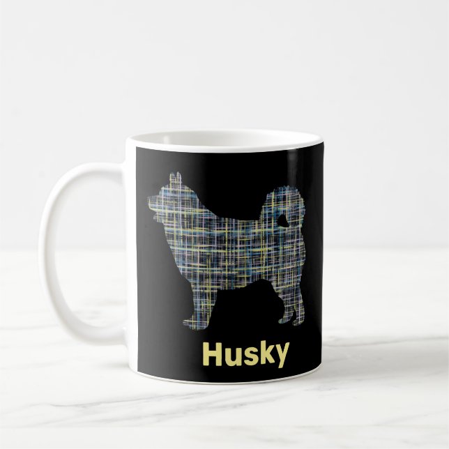 Mug Chien Husky Lignes de grille jaune et bleu (Gauche)