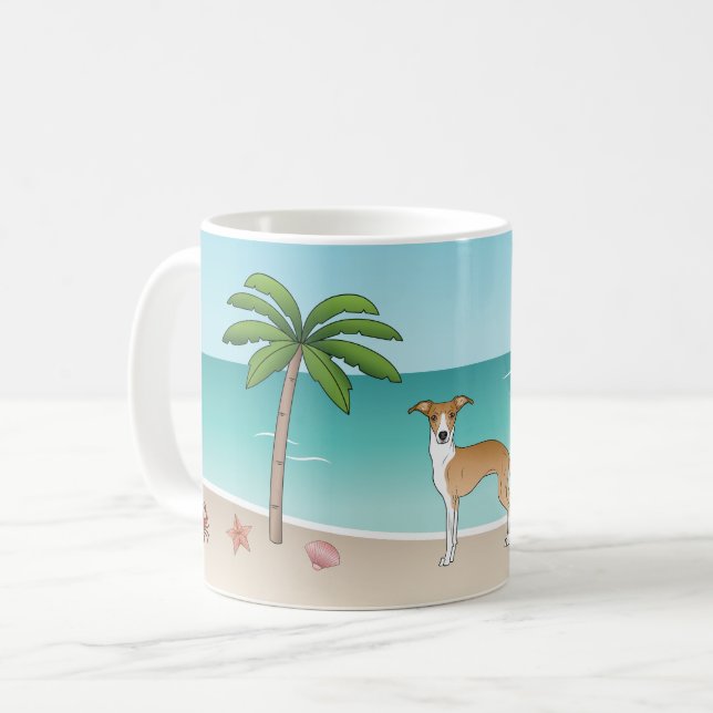 Mug Chien Iggy Fauve Et Blanc Sur Une Plage Tropicale  (Devant gauche)