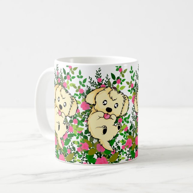 Mug Chien jouant avec Roses de jardin et fleurs de nat (Devant gauche)