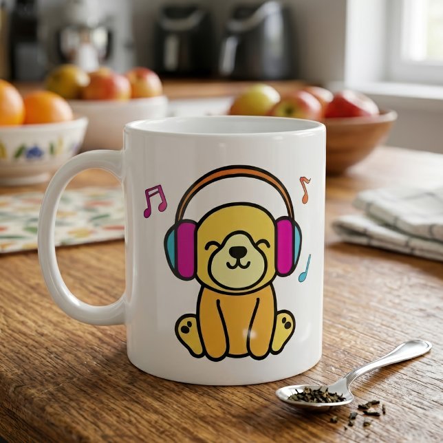 Mug Chien mignon chiot souriant avec des écouteurs col (Kawaii Dog Puppy Smiling with Colorful Headphones. Coffee Mug)