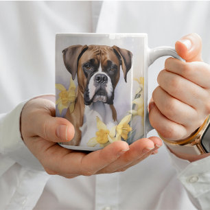 Mug Chien mignon De Boxe Avec Daffodiles Jaunes Aquare