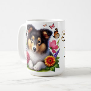 Mug Chien-mouton Shetland avec fleurs et papillons