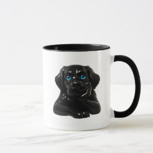 Mug Chien noir cartoon pensif en 3D.