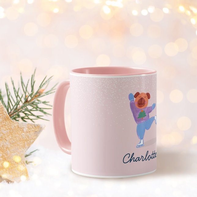 Mug Chien patinant en pull de Noël festif Nom (Créateur téléchargé)