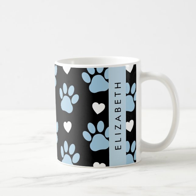 Mug Chien Paws, Blue Paws, White Hearts, Votre Nom (Droite)