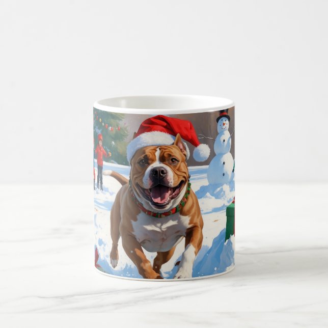 Mug Chien Pitbull courant dans la neige avec un chapea (Centre)