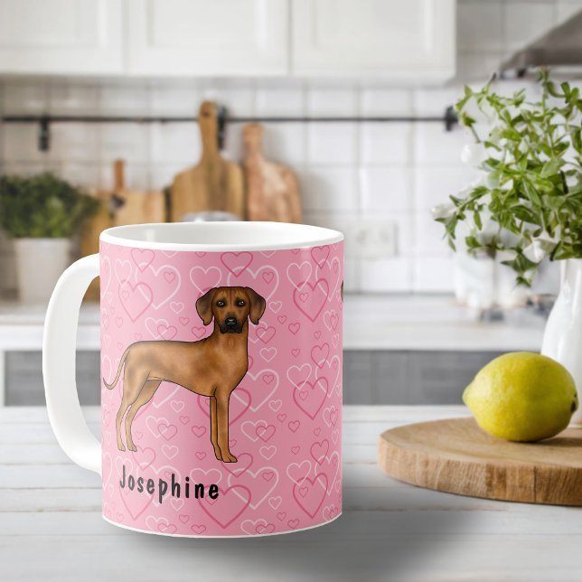 Mug Chien Rhodesian Ridgeback sur des cœurs roses avec (Please note: This image is a digital mockup. The product may not be in scale.)