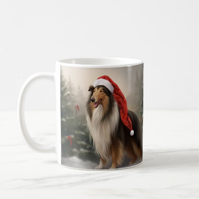 Mug Chien Rough Collie dans la neige de Noël (Gauche)