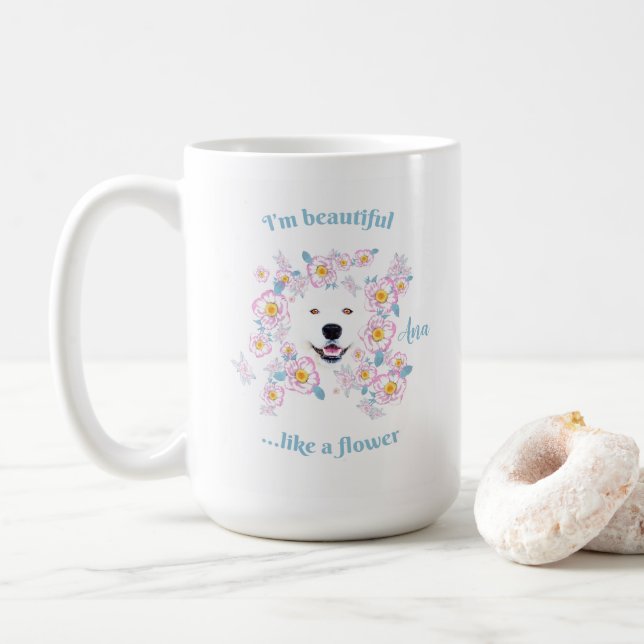 Mug Chien Samoyé et fleurs roses (Avec donut)