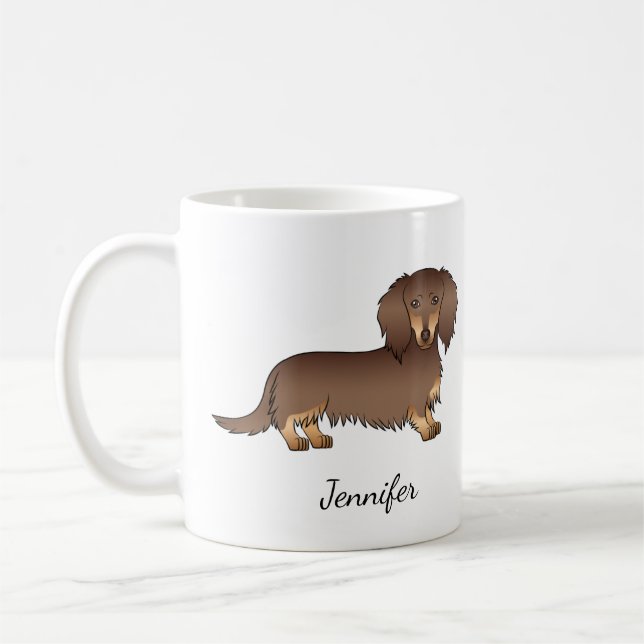 Mug Chien teckel à longs poils chocolat et feu & nom (Gauche)