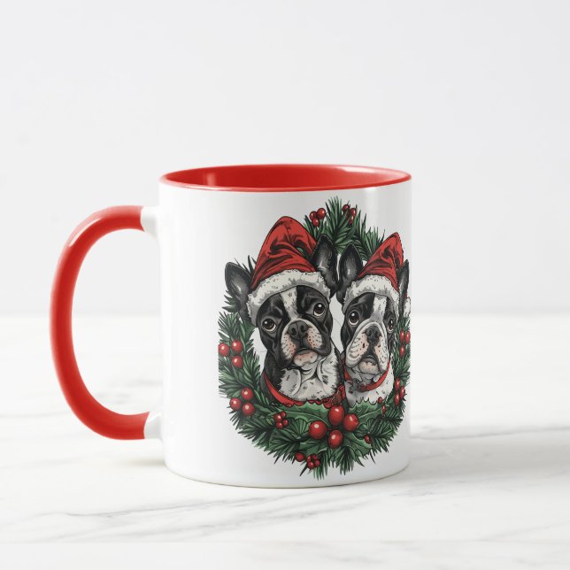 Mug Chiens Boston Terrier Noël Couronne de fête (Gauche)