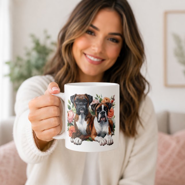 Mug Chiens Boxers Et Fleurs (Créateur téléchargé)