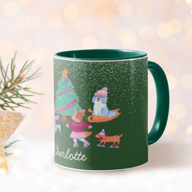 Mug Chiens de fête Patinage sur glace Noël Nom vert (Créateur téléchargé)