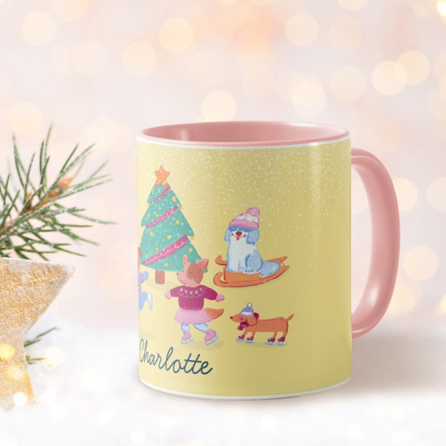 Mug Chiens de jeu Patinage sur glace Pastel Nom jaune (Créateur téléchargé)