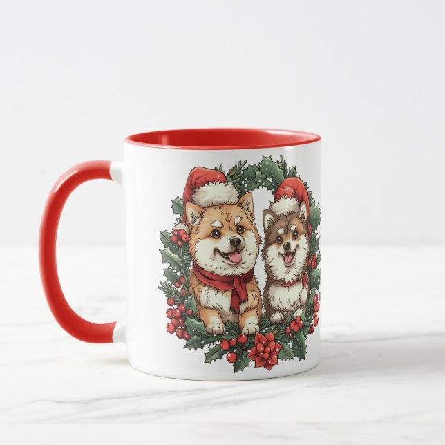 Mug Chiens de Noël Poméraniens Mistletoe Wreath (Gauche)