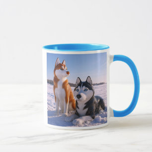 Mug Chiens Huskys dans un paysage enneigé.