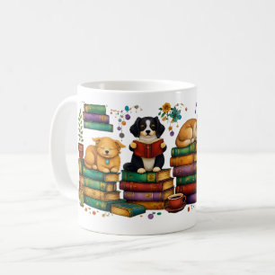 Mug Chiens lisant des livres Scène de bibliothèque cos