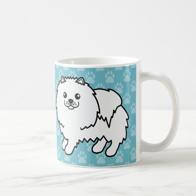 Mug Chiens Poméraniens Blancs et Fluffy sur Fond Bleu (Droite)