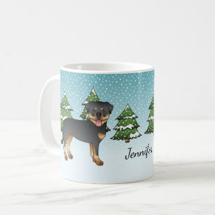Mug Chiens Rottweiler noir et feu dans une forêt hiver