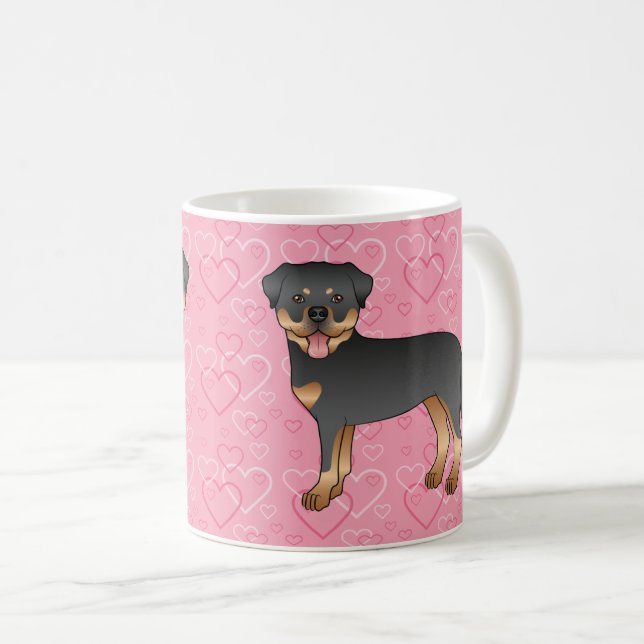 Mug Chiens Rottweiler Noir Et Feu Sur Coeurs Roses (Devant droit)
