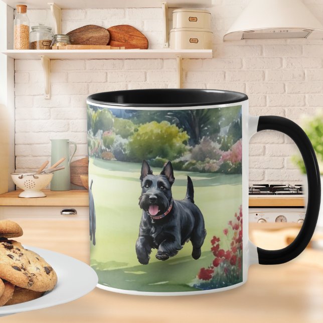 Mug Chiens Terrier Écossais Aquarelle Scotties (A mug with picture of Scottish Terrier dogs playing in a garden in summer, in a watercolor style)