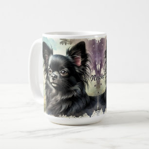 Mug Chihuahua noir à long haïre en aquarelle