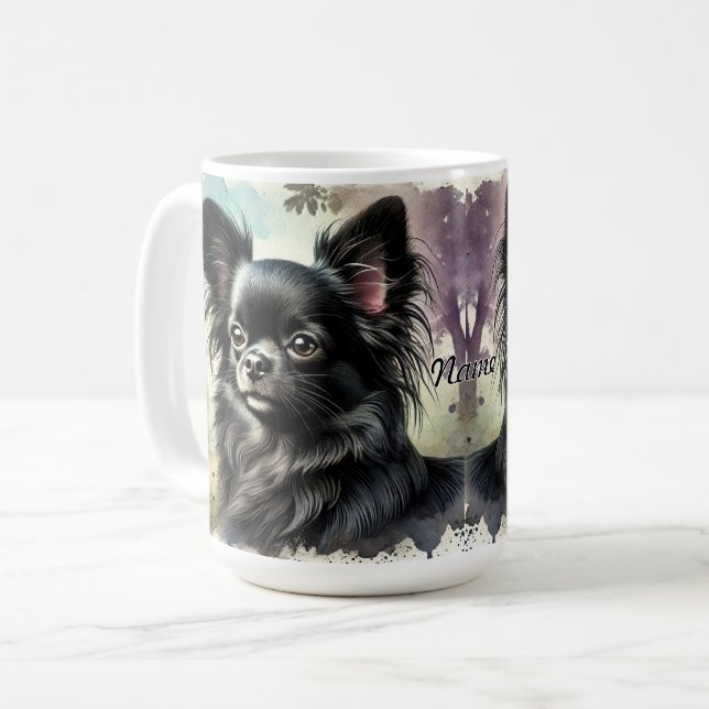 Mug Chihuahua noir à poils longs en aquarelle (Devant gauche)