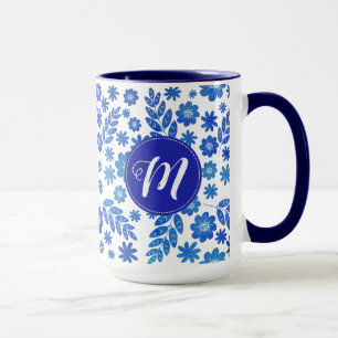 Mug Chine bleue Tiré à la main motif floral & Monogram