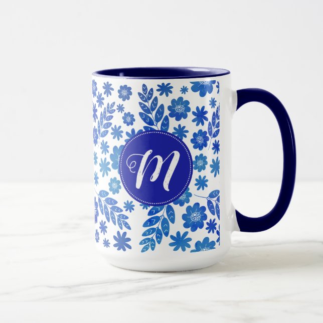 Mug Chine bleue Tiré à la main motif floral & Monogram (Droite)