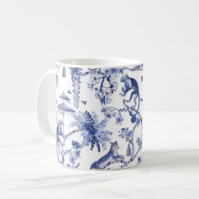 Mug Chinoiserie Chic Jungle Toile | Bleu et blanc (Devant gauche)