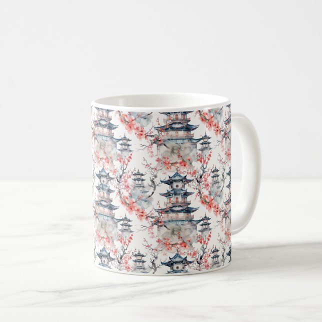 Mug Chinoiserie Pagode Bleue Fleur Rose Florale (Devant droit)