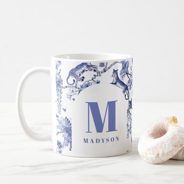 Mug Chinoiserie personnalisée Toile Jungle Bleu Blanc (Avec donut)