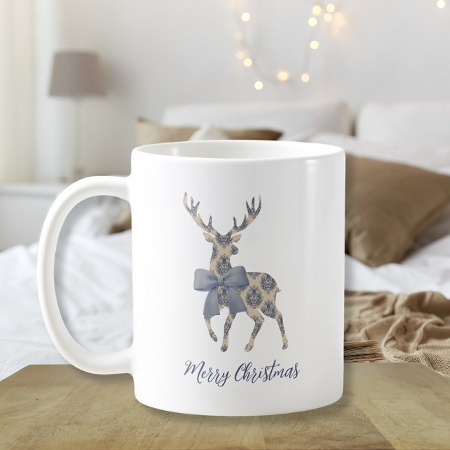 Mug Chinoiserie Reindeer (White "Merry Christmas" Coffee Mug with reindeer silhouette in blue toile pattern with coquette bow )