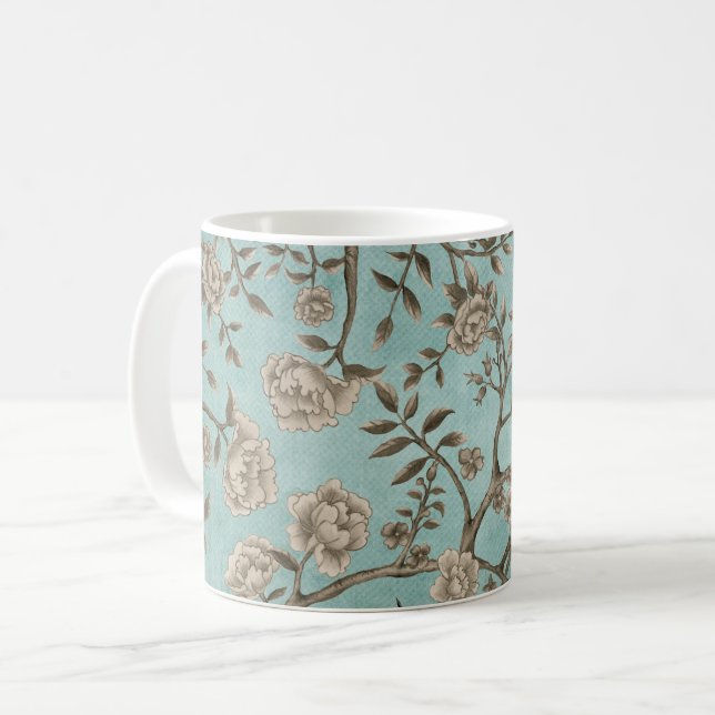 Mug Chinoiserie Turquoise Vintage douce Floral & Green (Devant gauche)