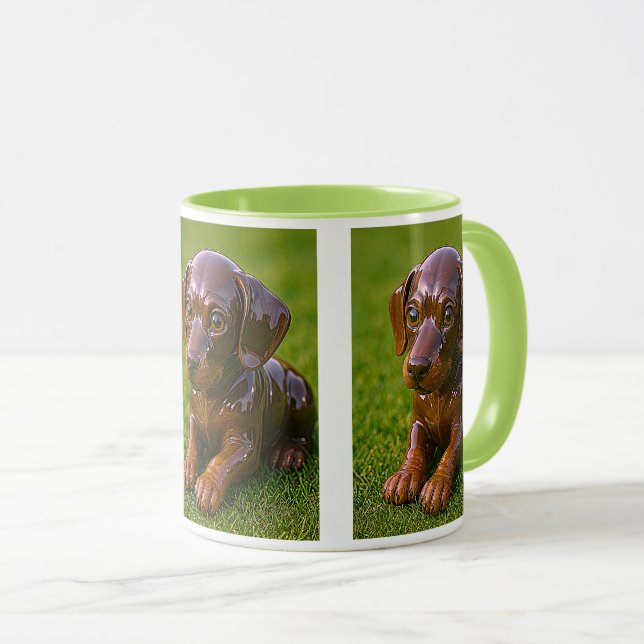 Mug chiot 3D allongé sur l'herbe fraîche. (Devant droit)