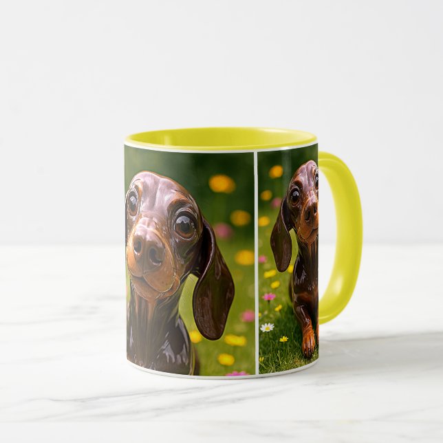 Mug chiot 3D au milieu des fleurs champêtres. (Devant droit)